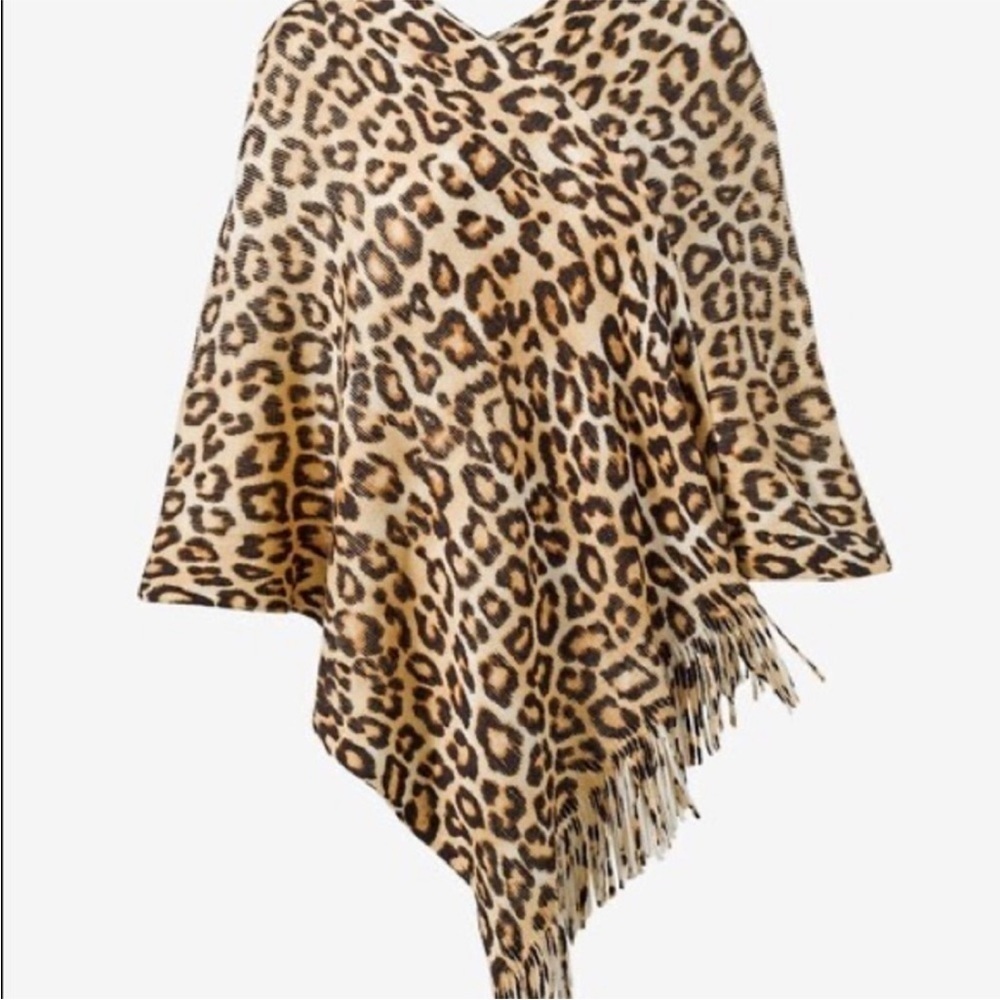 Chicos Poncho Sweater Leopard Animal Fringe New Brown Tan Womens One Size